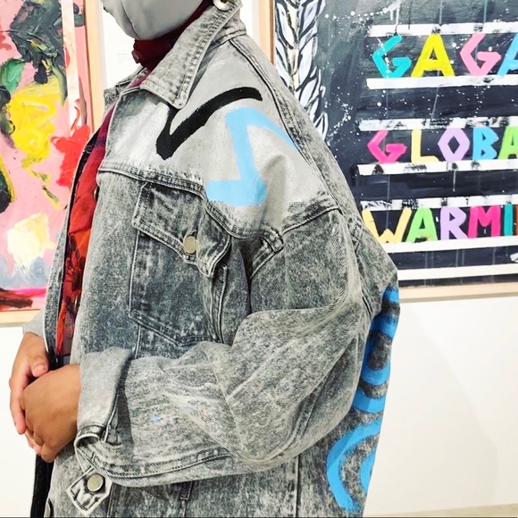 ZEUS Retro Acid Wash Custom Painted Streetstyle Boyfriend Denim Trucker Jacket L - Picture 4 of 6